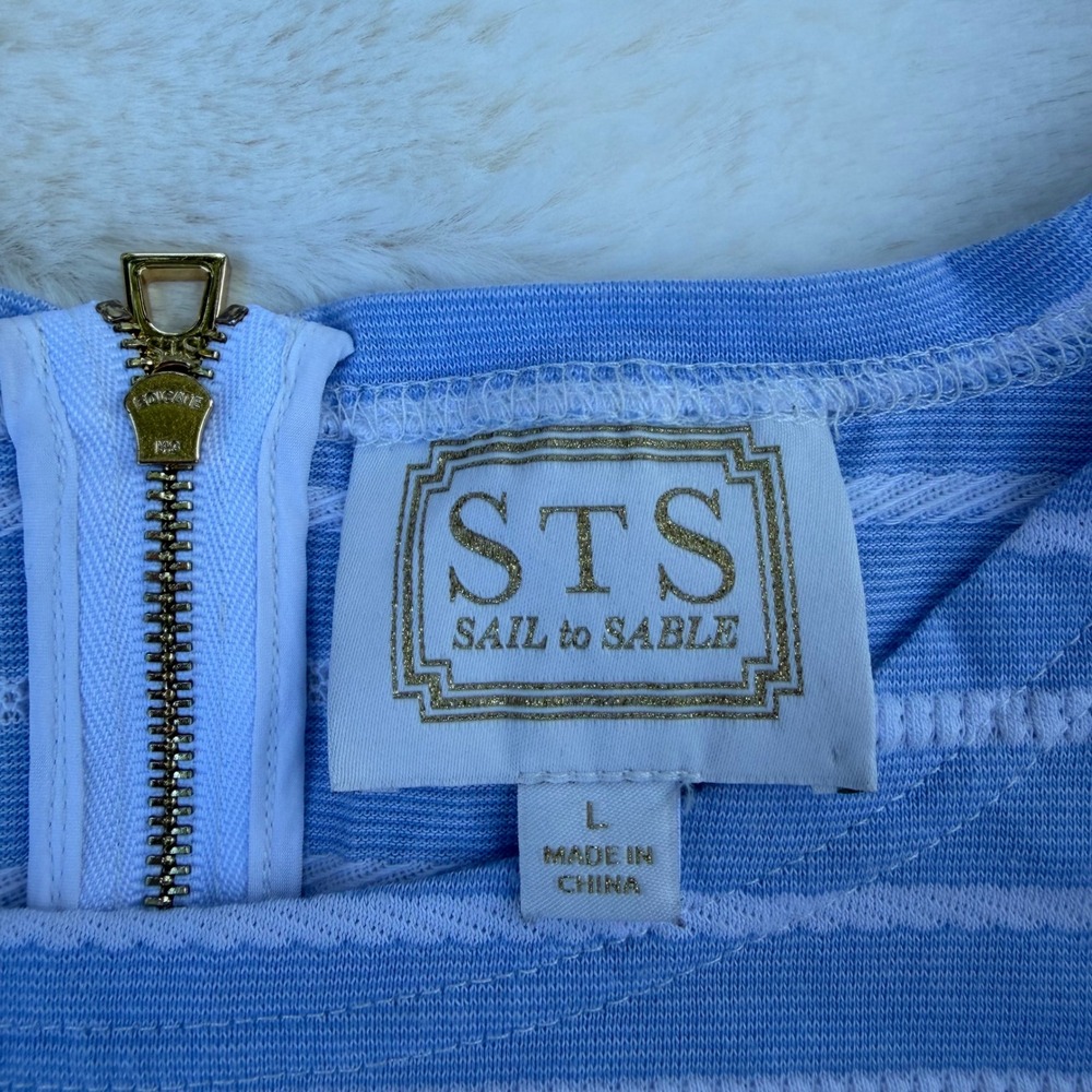Sail to Sable STS Blue White Striped Short Sleeve Shift Dress Large Gold Zipper - Picture 7 of 7